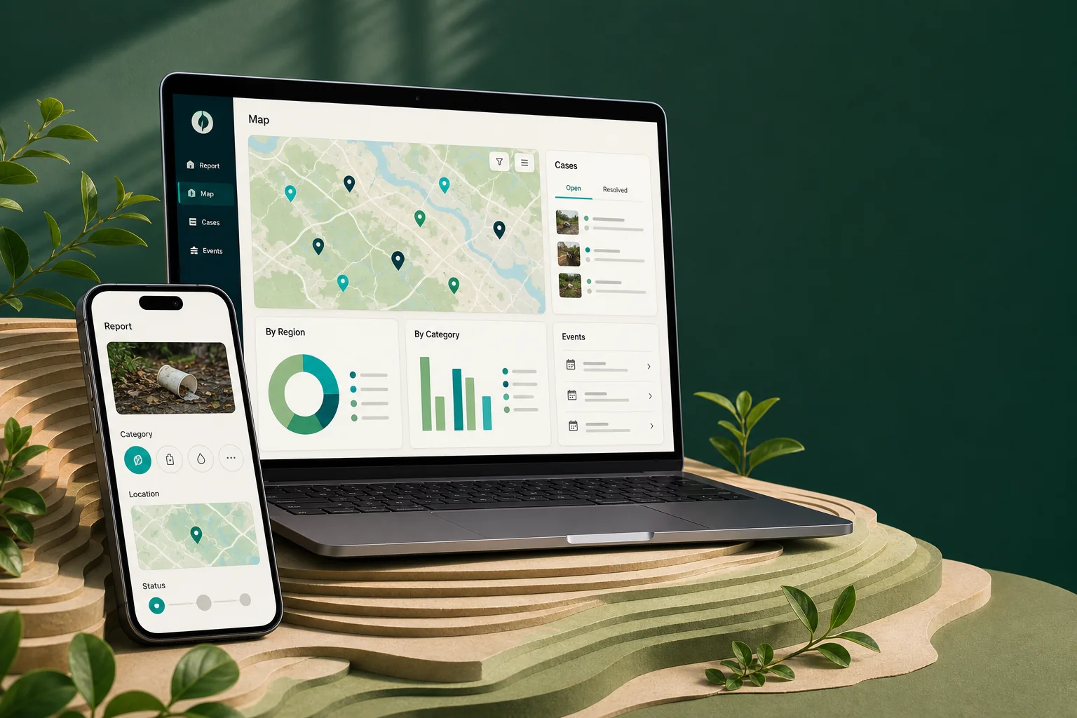 Mockup konceptual i EcoReport me formular raportimi në telefon dhe hartë analitike në laptop